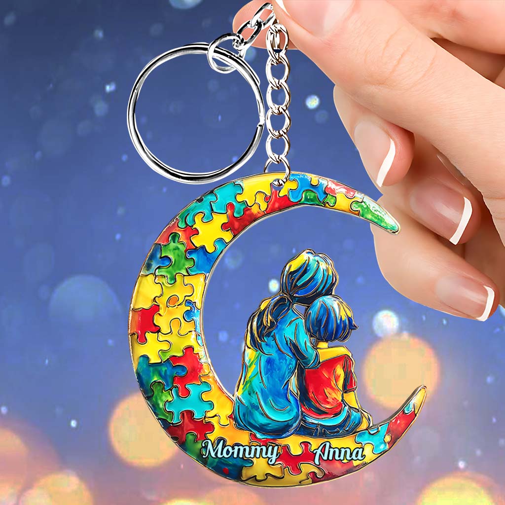 Autism Mom And Kid - I Love You To The Moon And Back - Personalized Autism Awareness Keychain