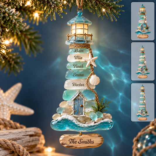 Coastal Sea Glass Lighthouse Christmas - Personalized Family Ornament