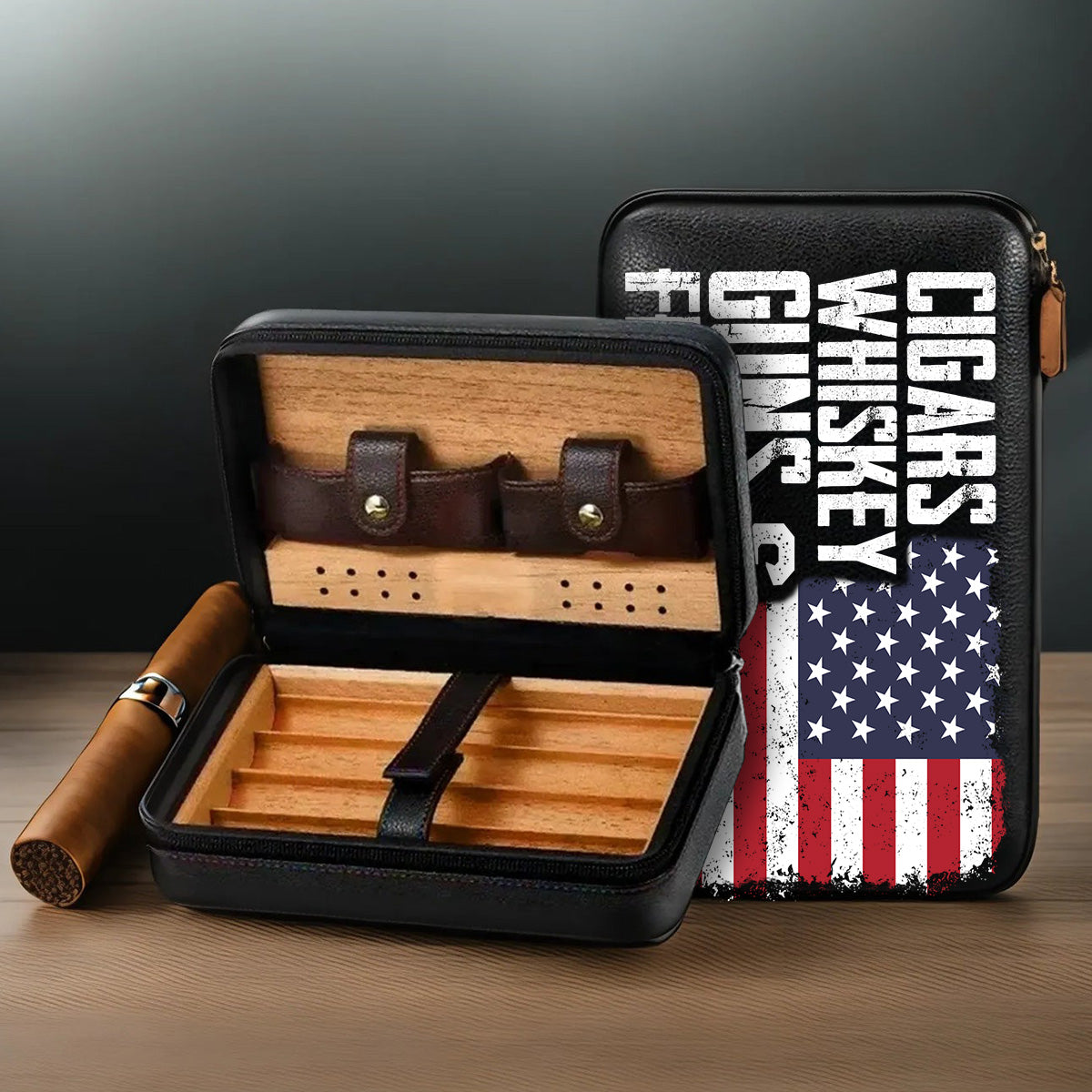Cigares, Whisky, Armes et Liberté - Étui à cigares de voyage personnalisé