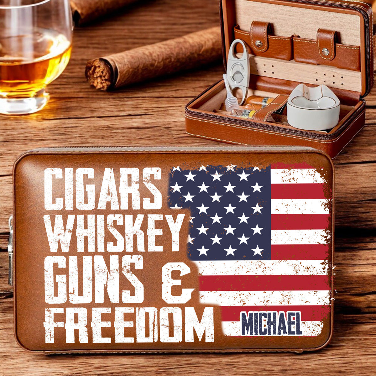 Cigares, Whisky, Armes et Liberté - Étui à cigares de voyage personnalisé