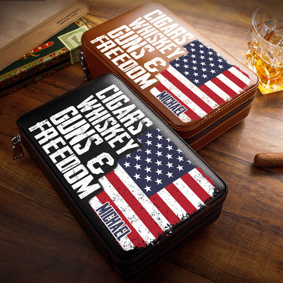 Cigares, Whisky, Armes et Liberté - Étui à cigares de voyage personnalisé