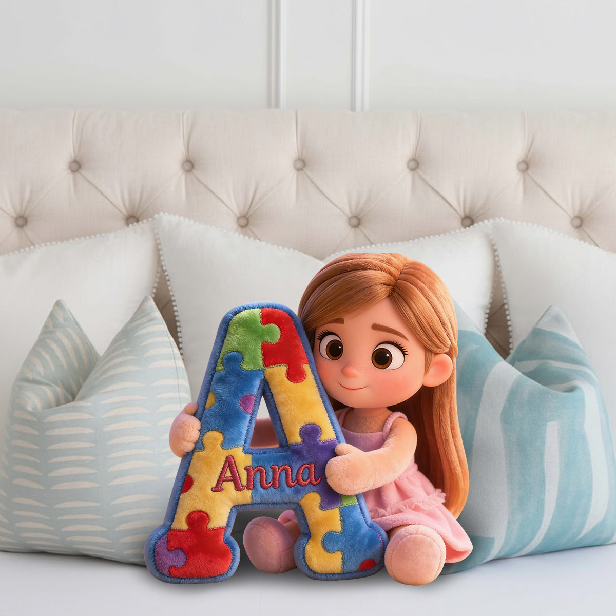 Puzzle alphabet - Coussin en fausse fourrure personnalisé pour la sensibilisation à l'autisme