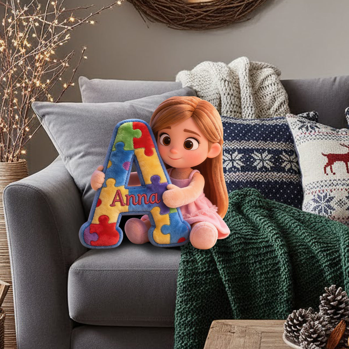 Puzzle alphabet - Coussin en fausse fourrure personnalisé pour la sensibilisation à l'autisme