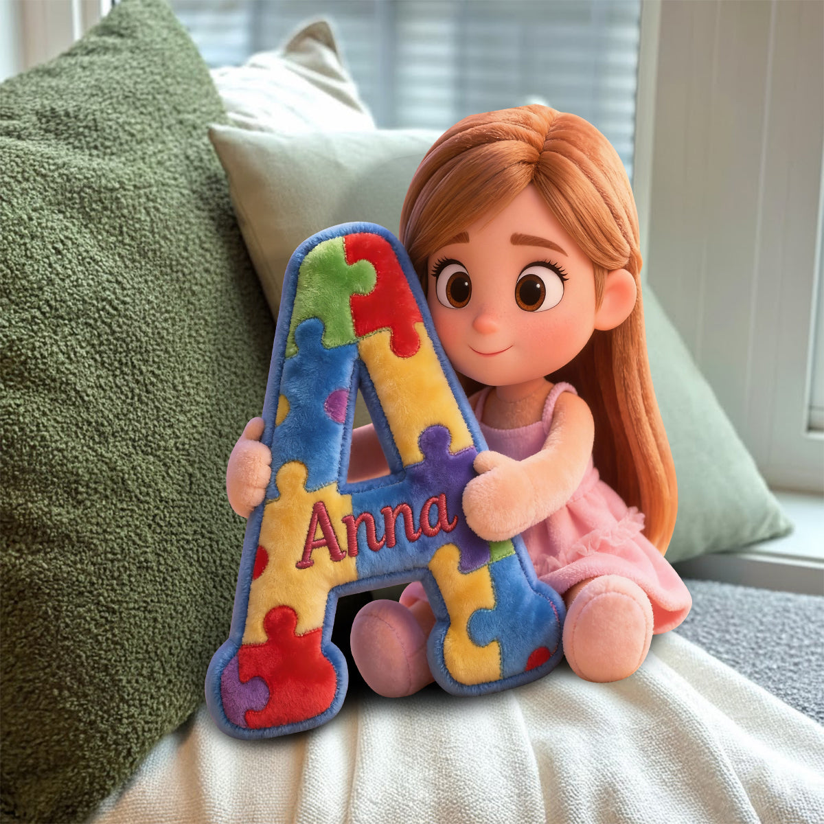 Puzzle alphabet - Coussin en fausse fourrure personnalisé pour la sensibilisation à l'autisme