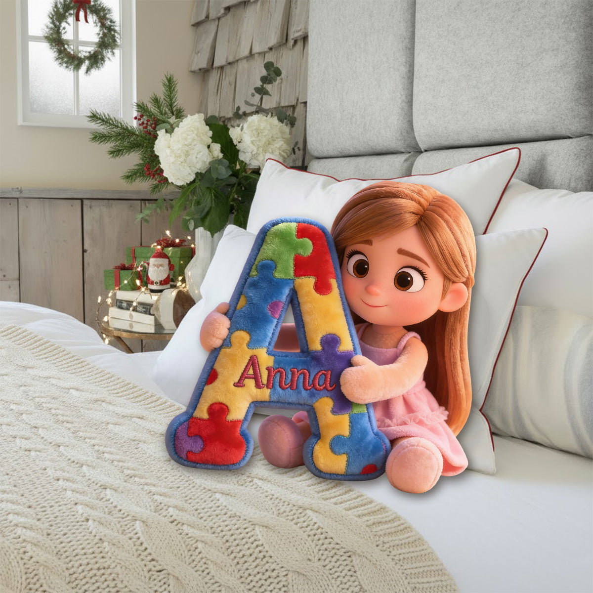 Puzzle alphabet - Coussin en fausse fourrure personnalisé pour la sensibilisation à l'autisme