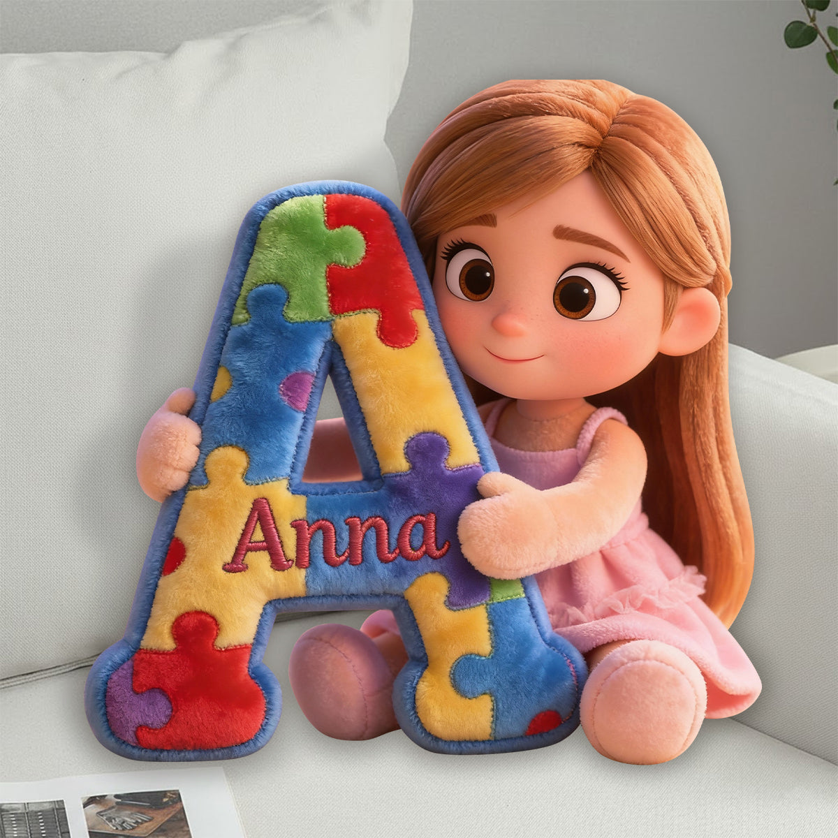 Puzzle alphabet - Coussin en fausse fourrure personnalisé pour la sensibilisation à l'autisme