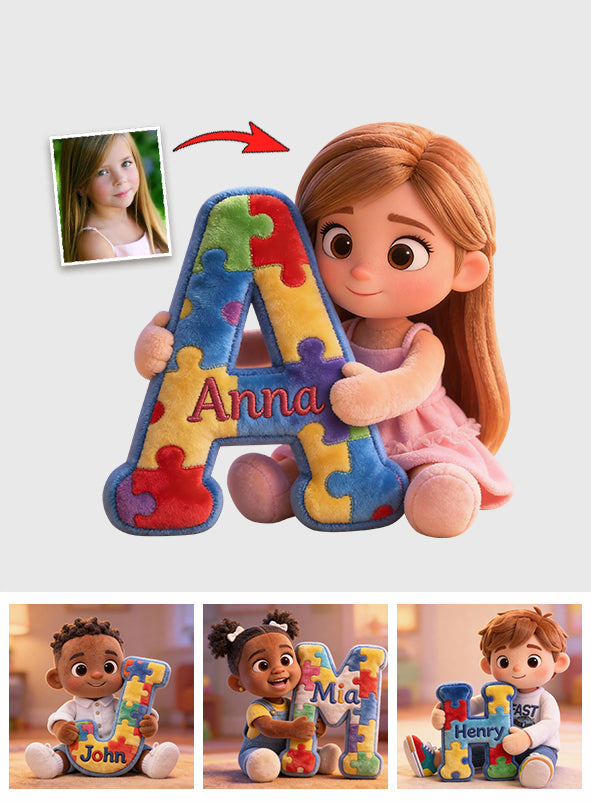 Puzzle alphabet - Coussin en fausse fourrure personnalisé pour la sensibilisation à l'autisme