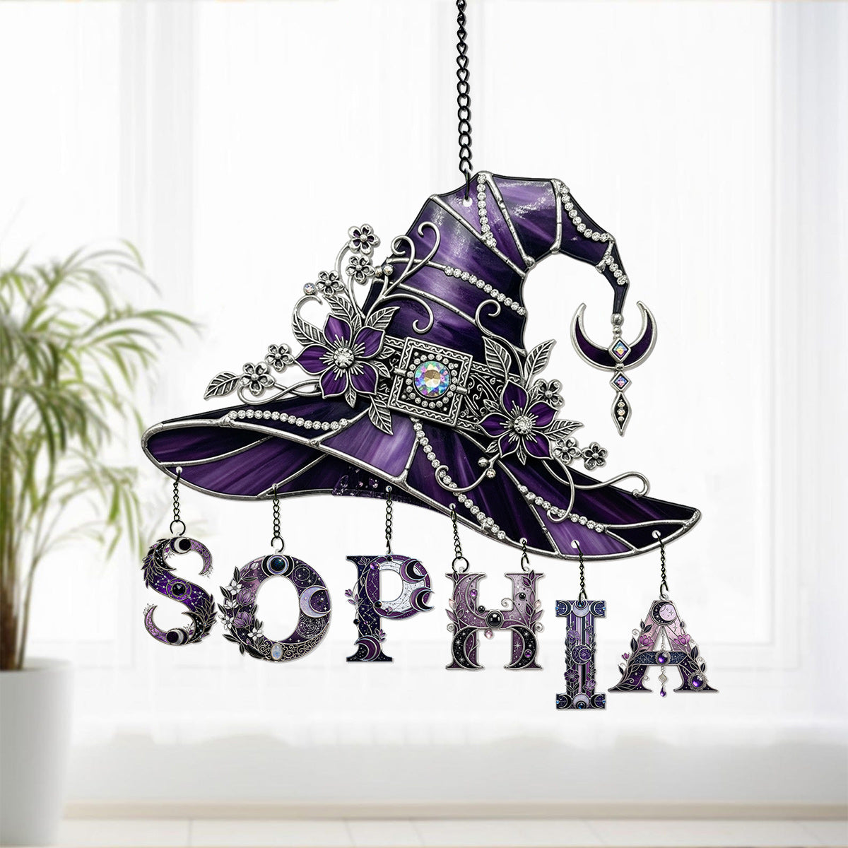 Attrape-soleil floral avec chapeau - Sorcière personnalisée à suspendre à la fenêtre, avec breloques personnalisées