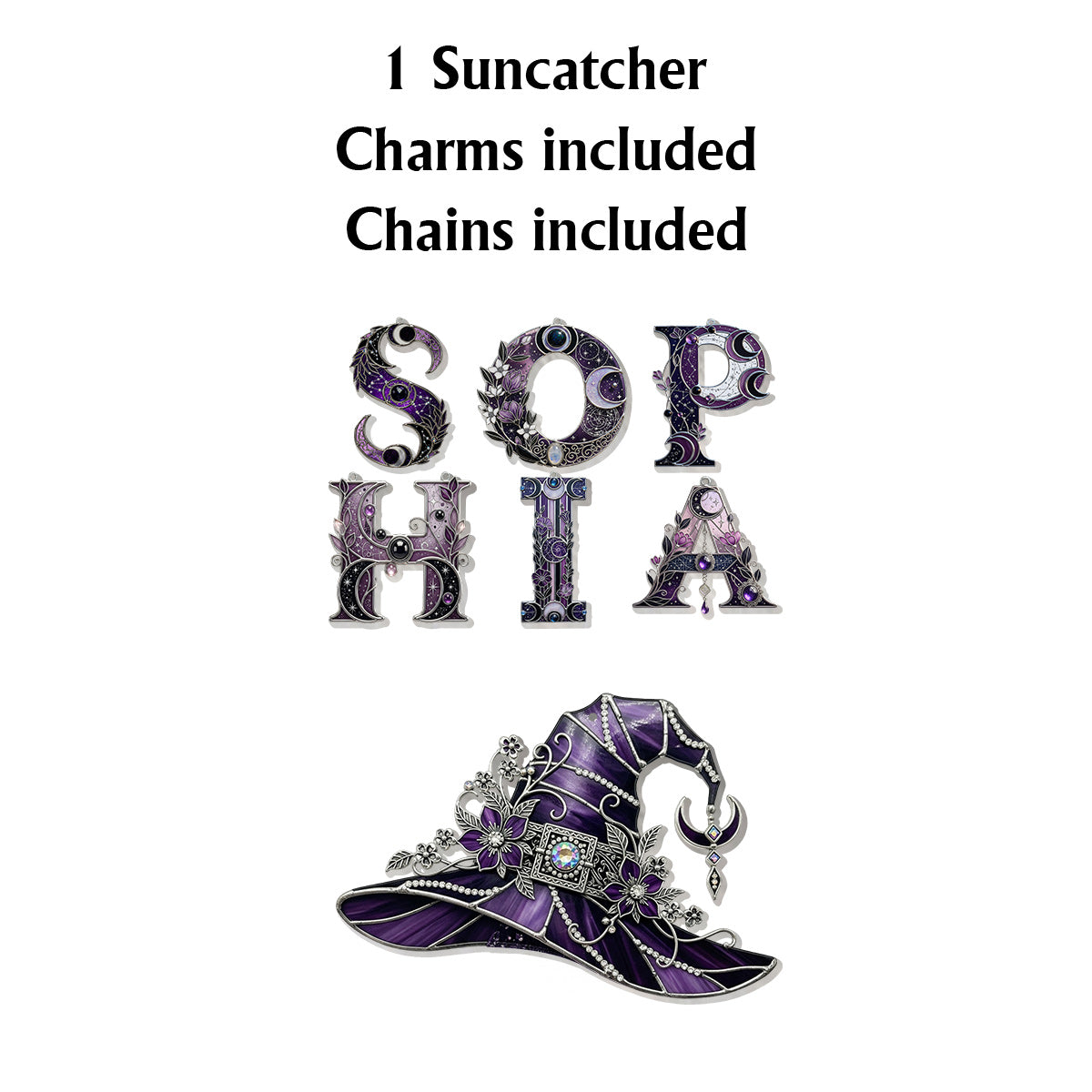 Attrape-soleil floral avec chapeau - Sorcière personnalisée à suspendre à la fenêtre, avec breloques personnalisées