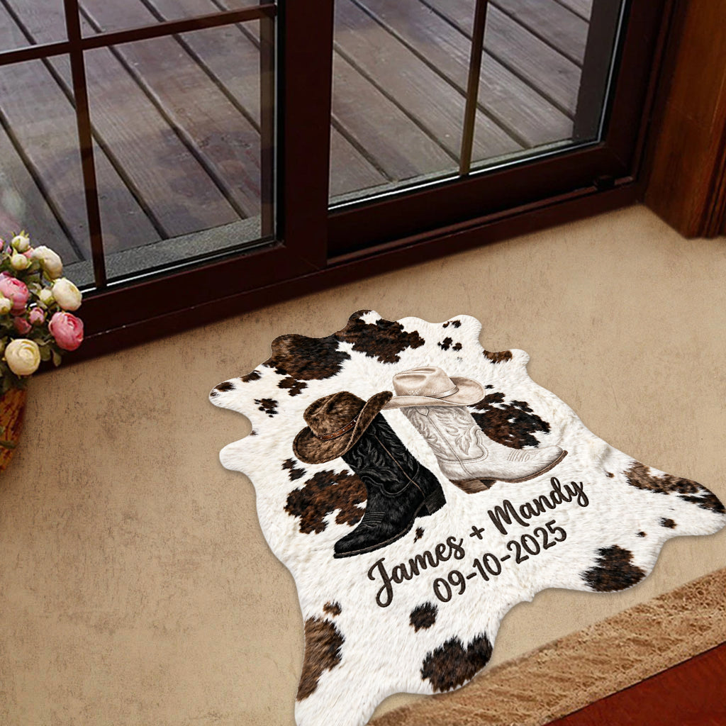 Décoration de Ferme, Couple Cowboy & Cowgirl - Tapis de Porte Personnalisé en Forme de Tenue Western