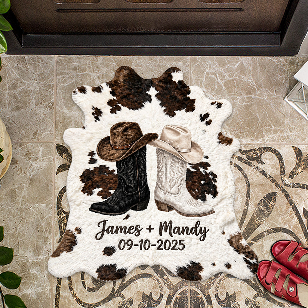 Décoration de Ferme, Couple Cowboy & Cowgirl - Tapis de Porte Personnalisé en Forme de Tenue Western