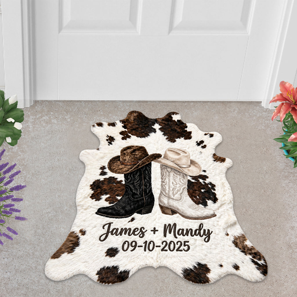 Décoration de Ferme, Couple Cowboy & Cowgirl - Tapis de Porte Personnalisé en Forme de Tenue Western