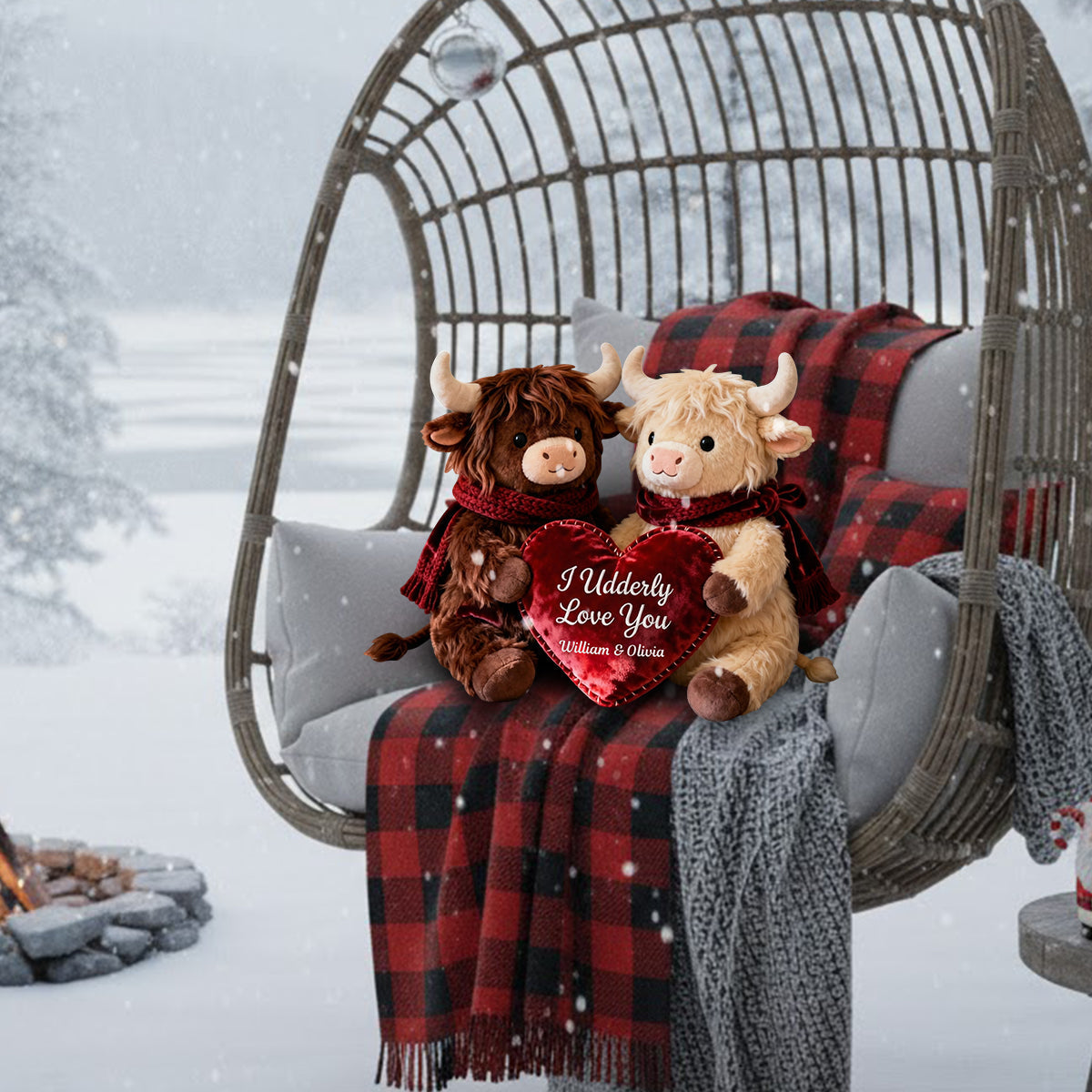 Coussin romantique en peluche en forme de vache tenant un cœur - Coussin personnalisé en fausse fourrure en forme de vache des Highlands