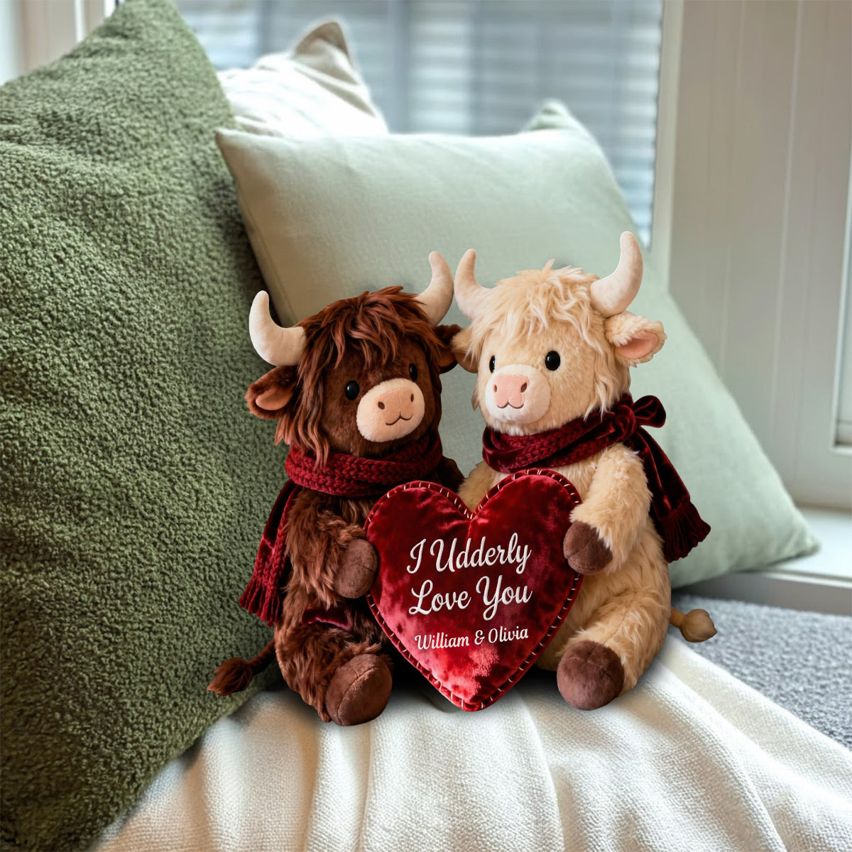 Coussin romantique en peluche en forme de vache tenant un cœur - Coussin personnalisé en fausse fourrure en forme de vache des Highlands