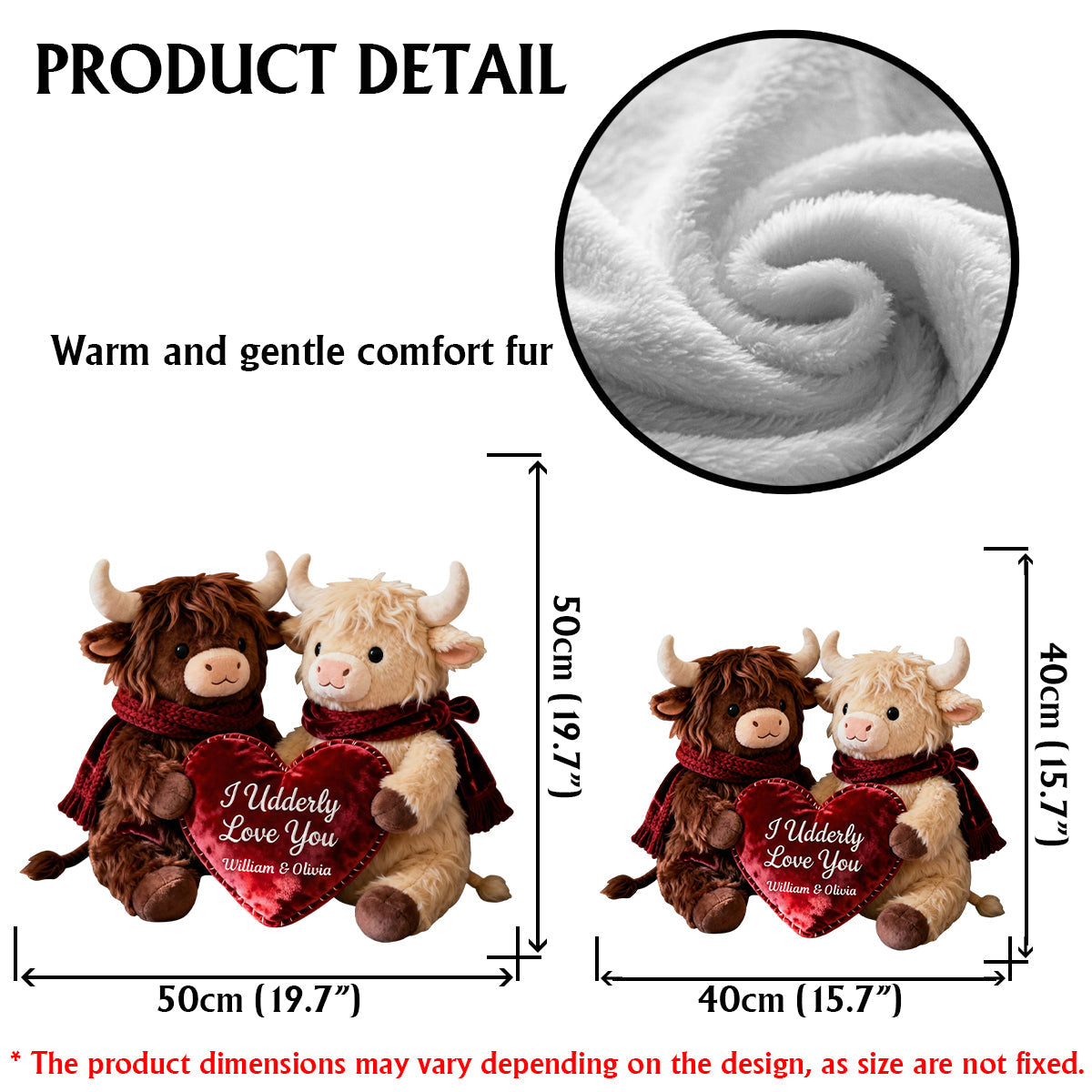 Coussin romantique en peluche en forme de vache tenant un cœur - Coussin personnalisé en fausse fourrure en forme de vache des Highlands