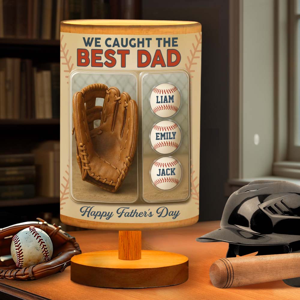 We Caught The Best Dad - Personalized Baseball Table Lamp with Wood Base