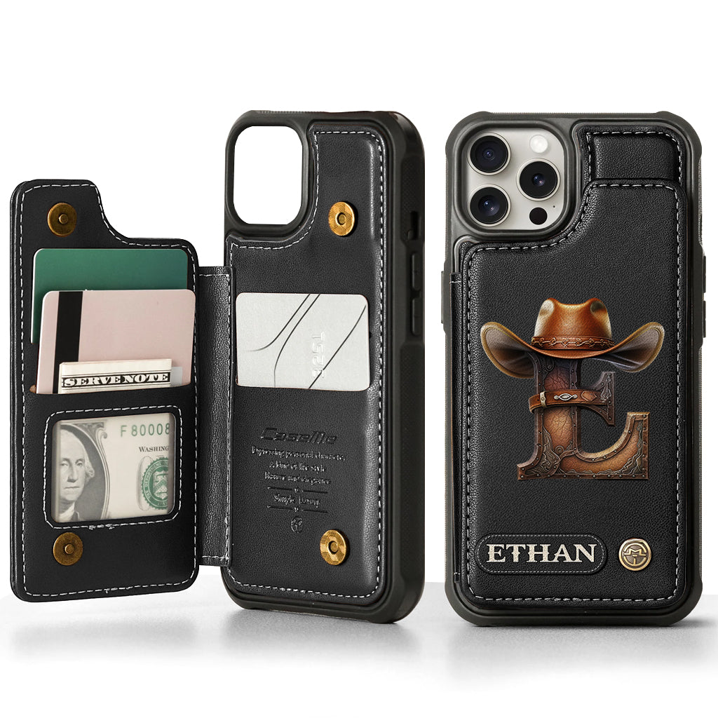 Étui portefeuille/téléphone personnalisé style western avec initiale du prénom - Cowboy/Cowgirl