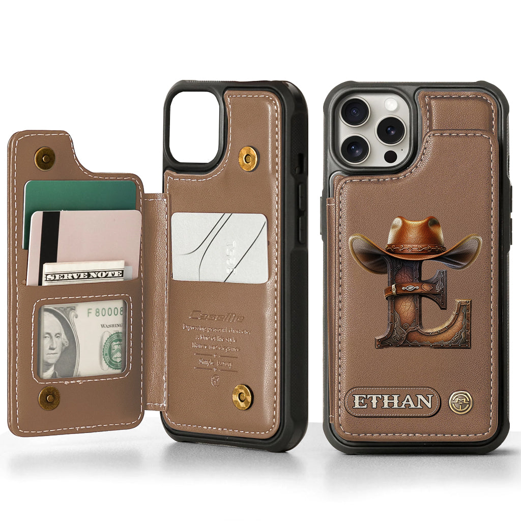 Étui portefeuille/téléphone personnalisé style western avec initiale du prénom - Cowboy/Cowgirl