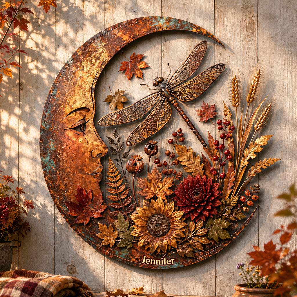 Autumn Moon and Dragonfly Metal Wall Art - Personalized Dragonfly Cut Metal Sign