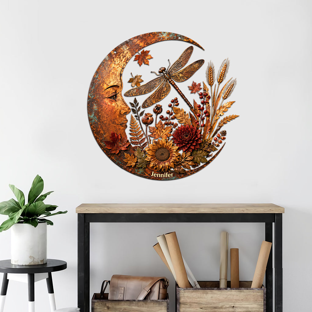 Autumn Moon and Dragonfly Metal Wall Art - Personalized Dragonfly Cut Metal Sign