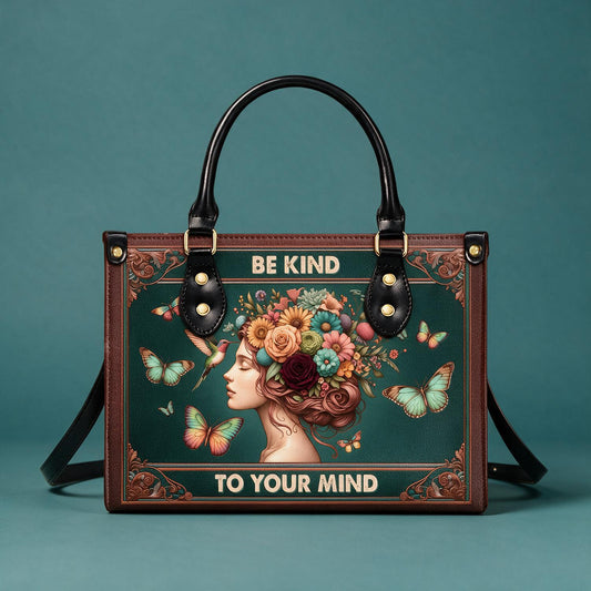 Personalized Be Kind Floral Art Leather Handbag, Mental Health Gift