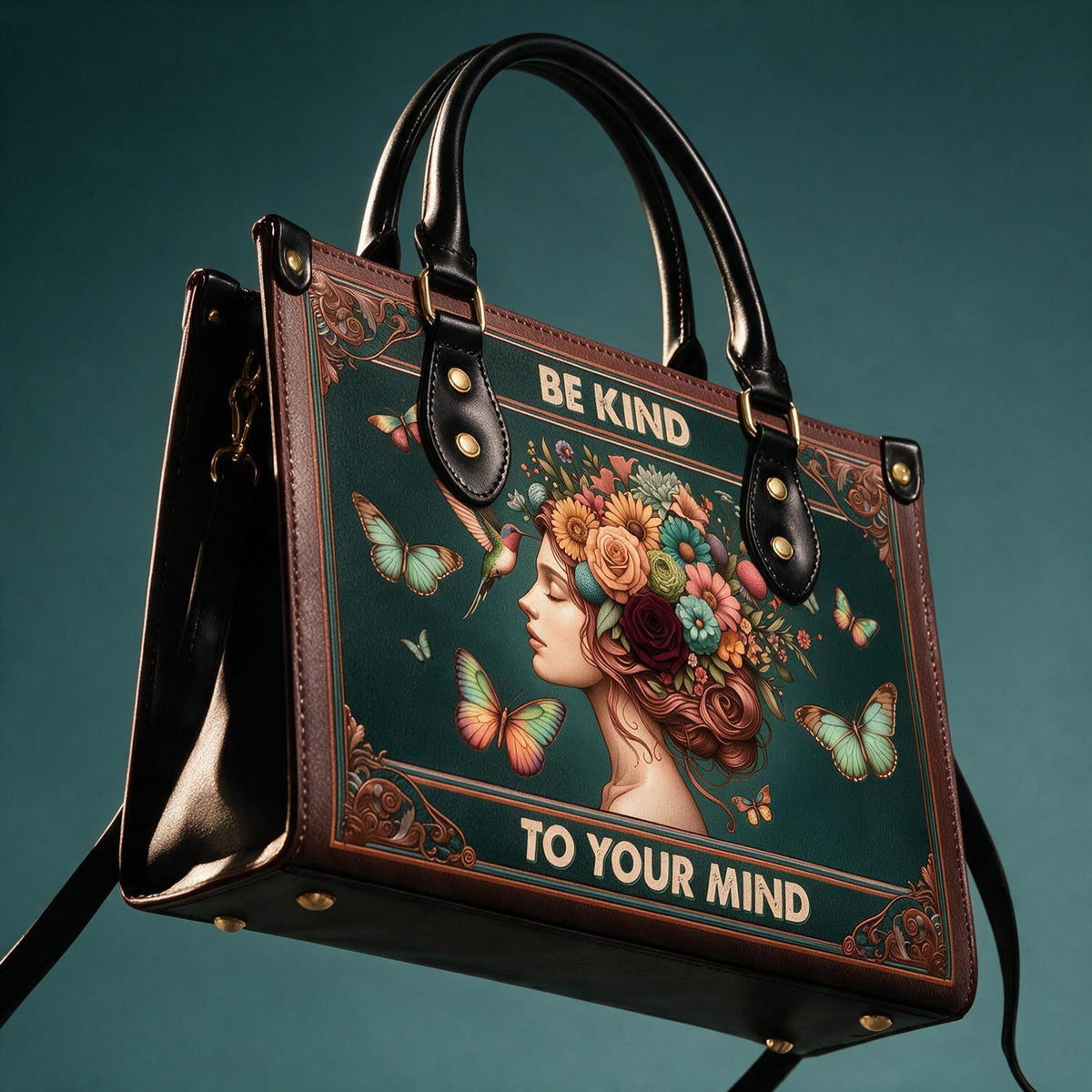 Personalized Be Kind Floral Art Leather Handbag, Mental Health Gift