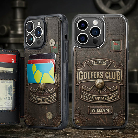 Membre à vie d'un club de golf - Étui portefeuille de téléphone personnalisé avec impression sur le thème du golf