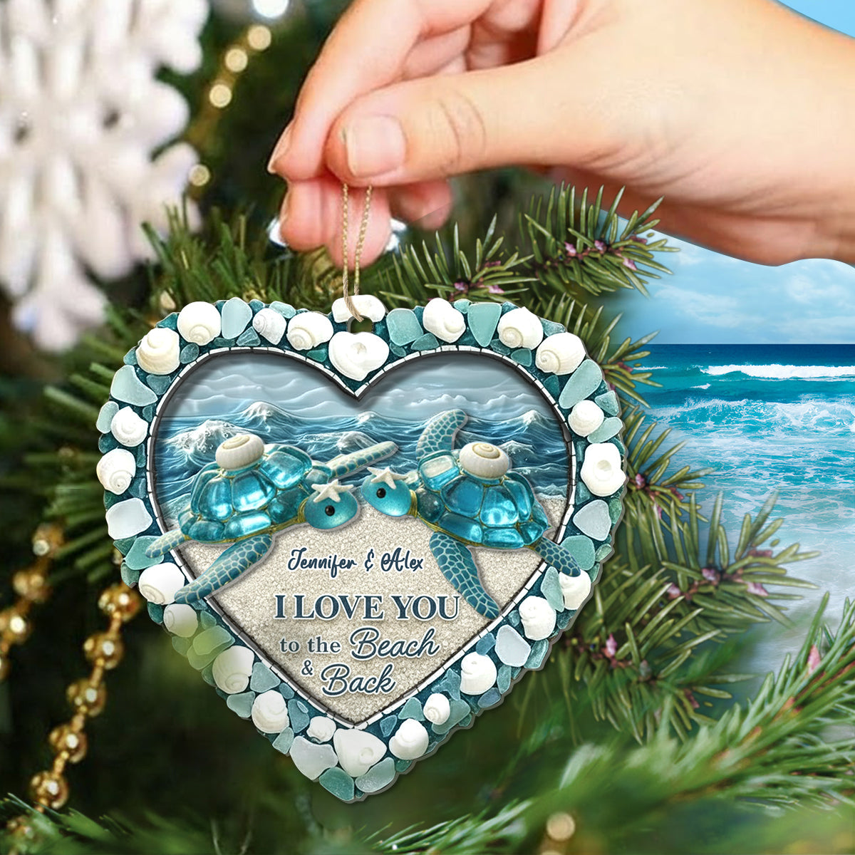 Tortue en verre de mer « Je t'aime jusqu'à la plage et retour » - Ornement personnalisé en acrylique à 2 couches