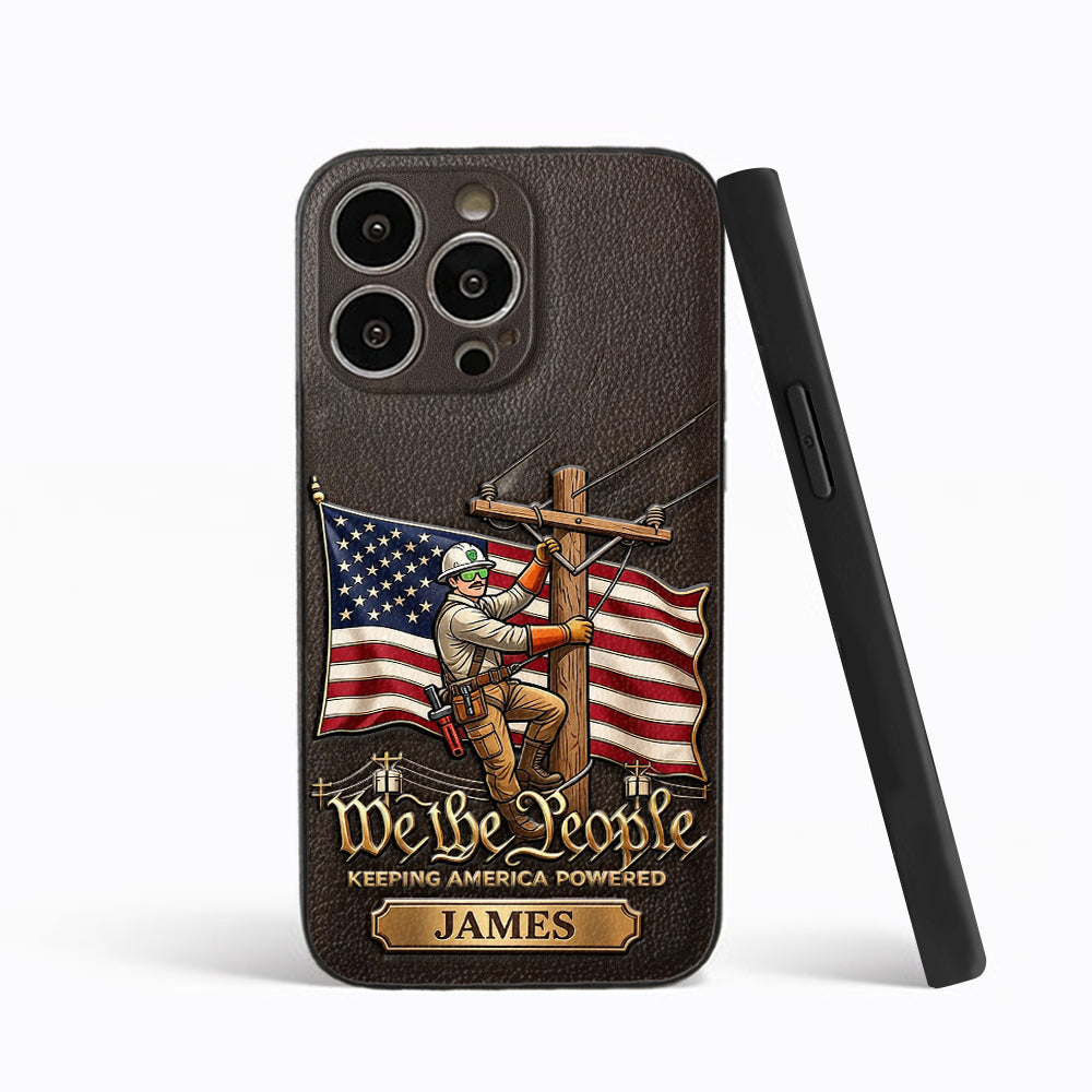 We The People - Personalized Lineman 3D Embossed Leather Phone Case