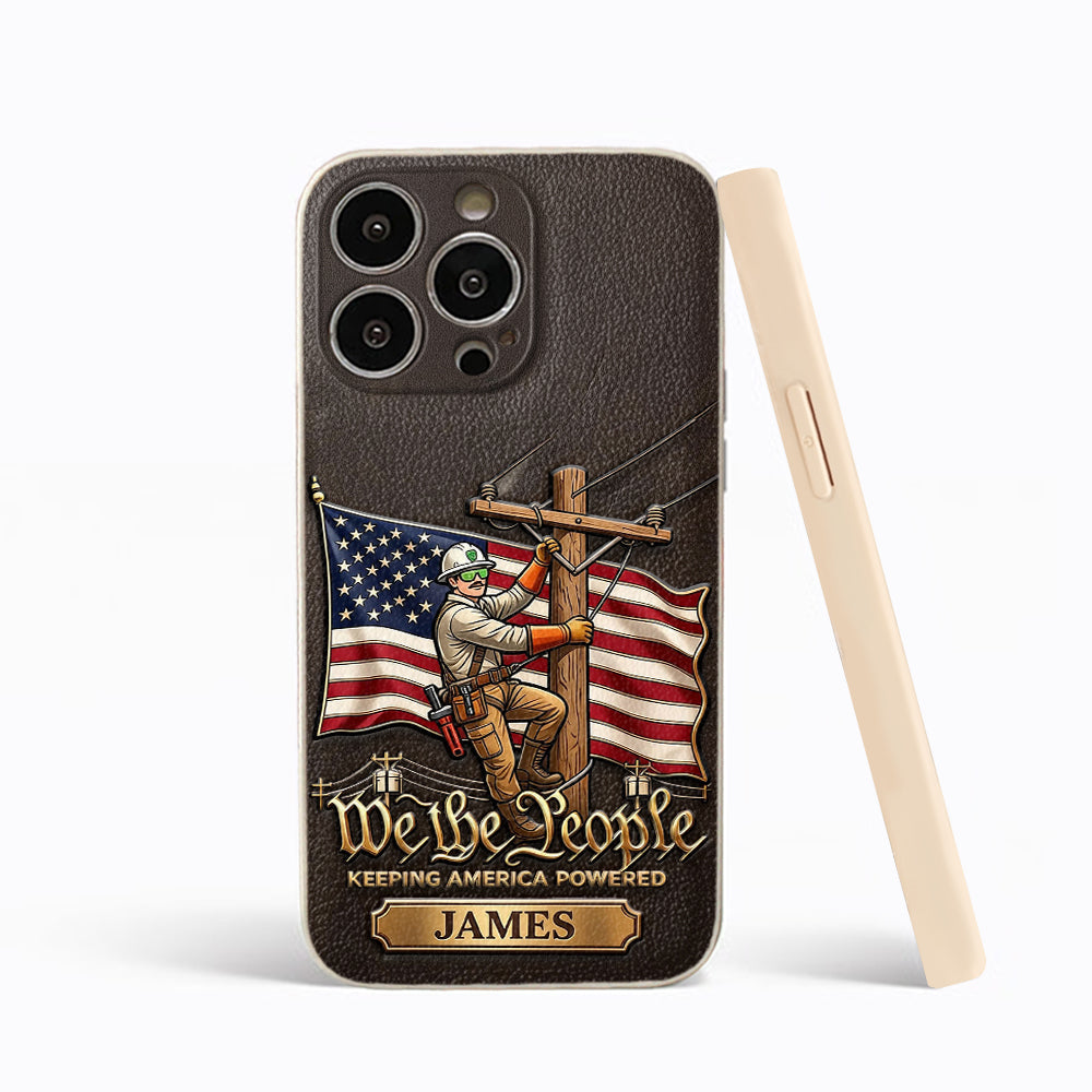 We The People - Personalized Lineman 3D Embossed Leather Phone Case