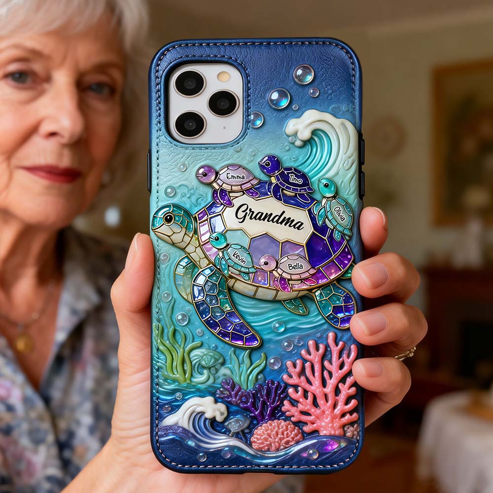 Grandma Turtle - Personalized Turtle 3D Embossed Leather Phone Case