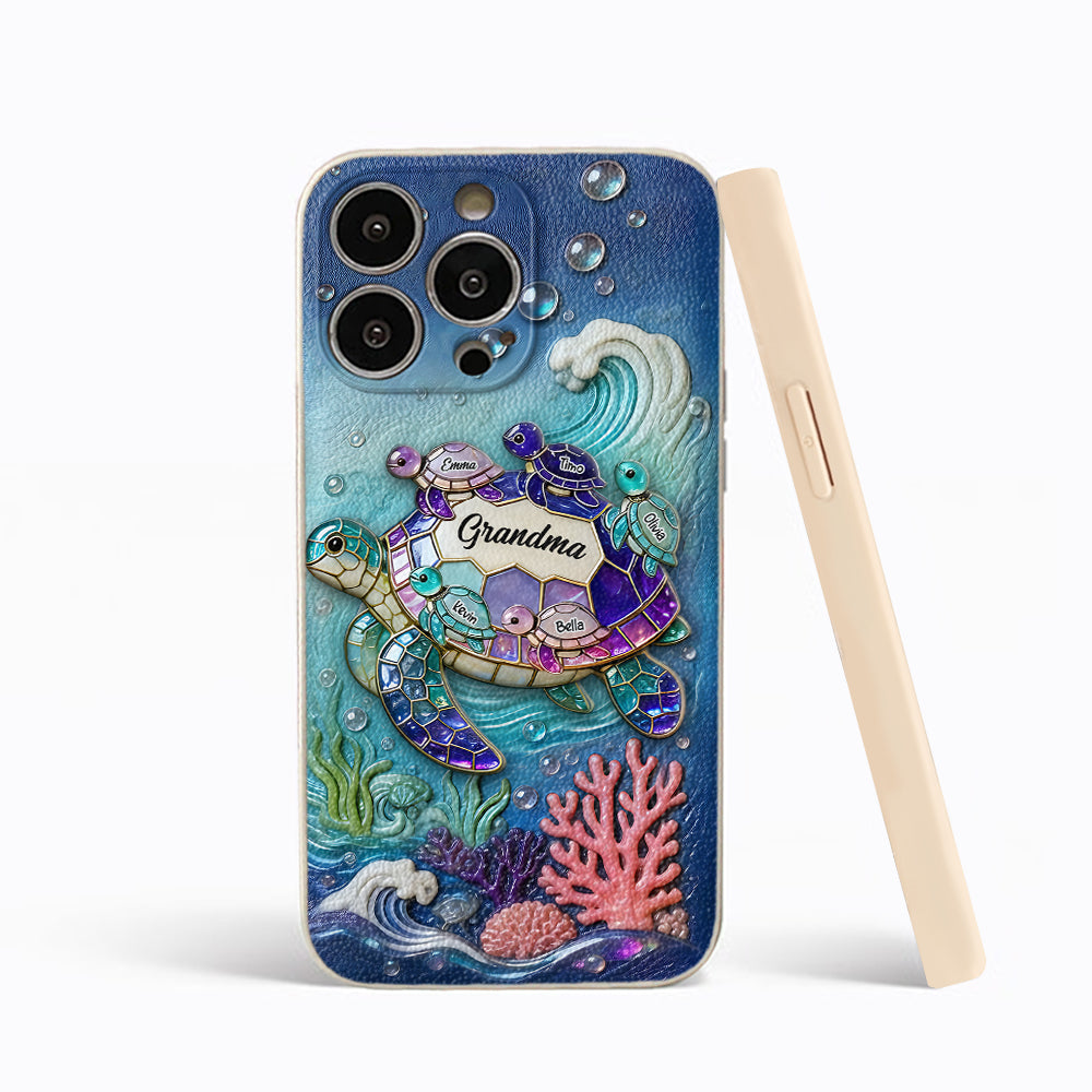 Grandma Turtle - Personalized Turtle 3D Embossed Leather Phone Case