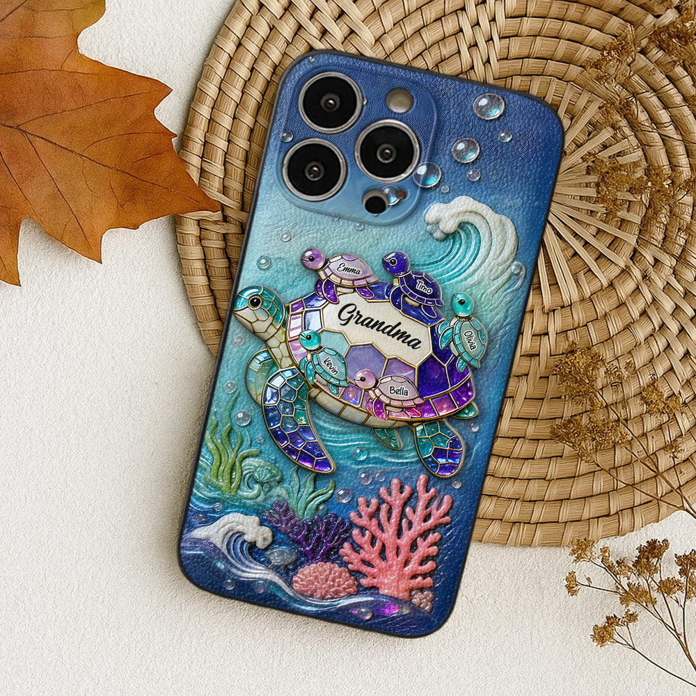 Grandma Turtle - Personalized Turtle 3D Embossed Leather Phone Case