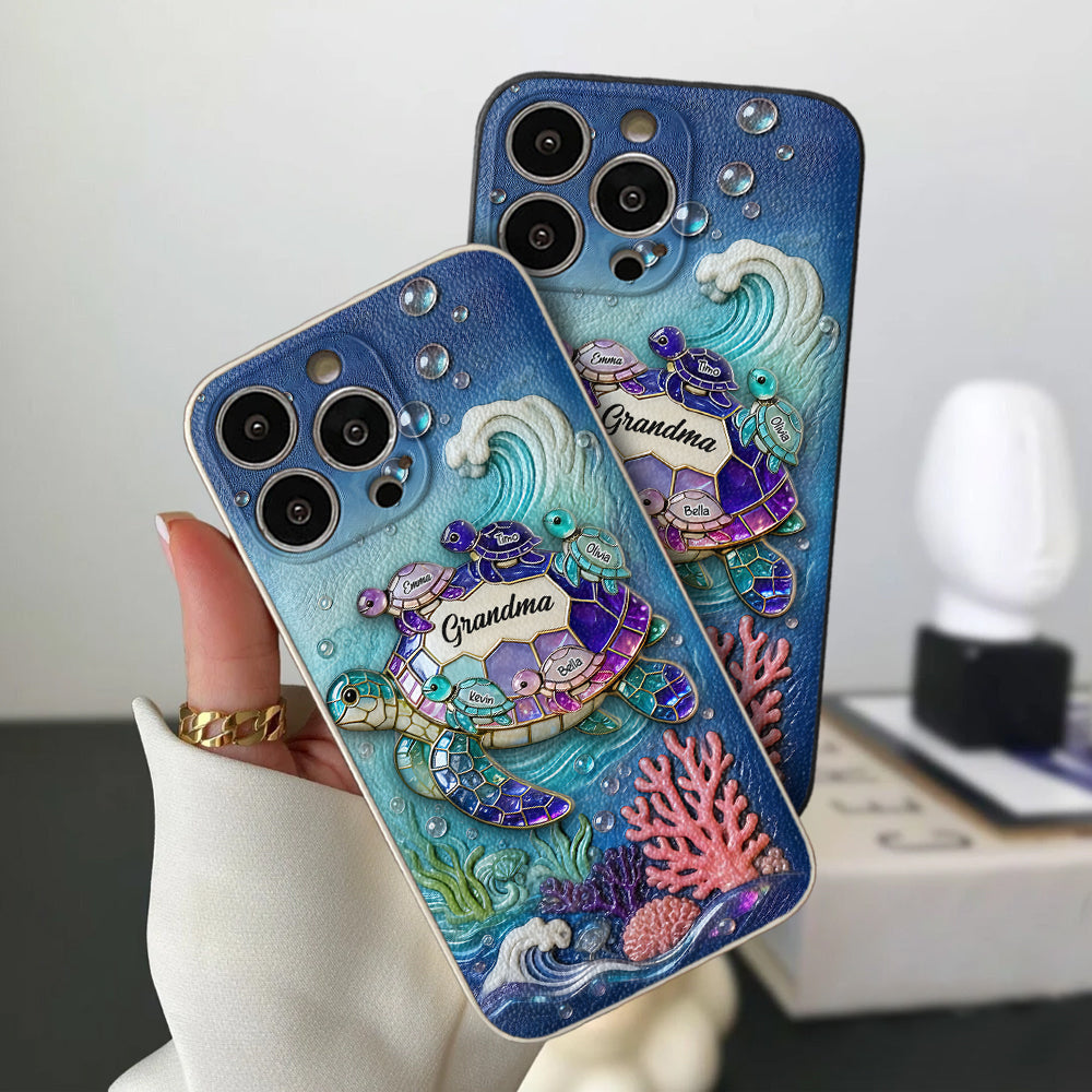 Grandma Turtle - Personalized Turtle 3D Embossed Leather Phone Case