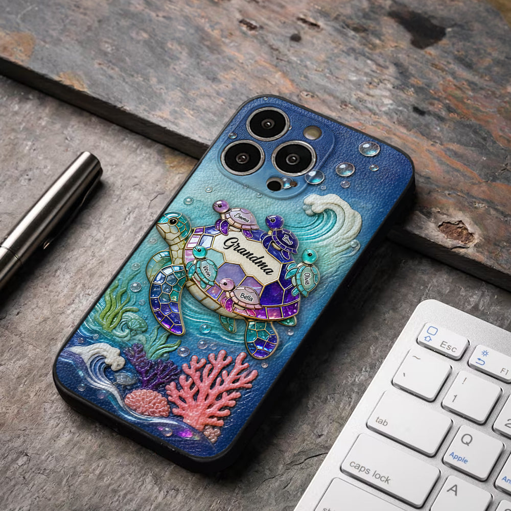 Grandma Turtle - Personalized Turtle 3D Embossed Leather Phone Case