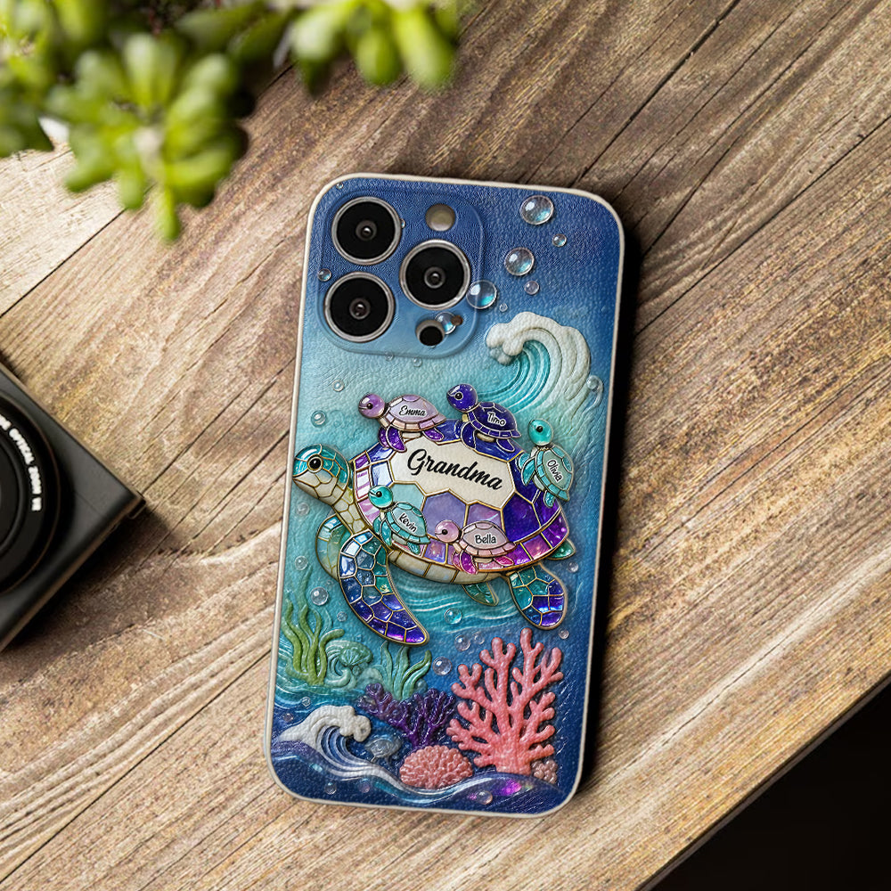 Grandma Turtle - Personalized Turtle 3D Embossed Leather Phone Case