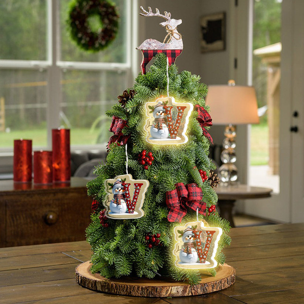 Alphabet initial bonhomme de neige mignon - Ornement lumineux LED personnalisé pour la famille