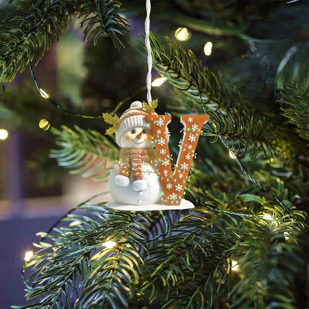 Alphabet initial bonhomme de neige mignon - Ornement lumineux LED personnalisé pour la famille