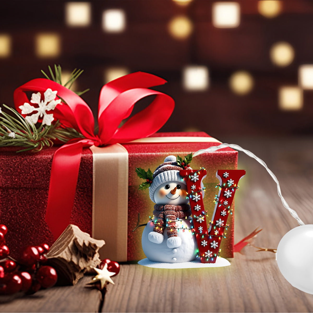 Alphabet initial bonhomme de neige mignon - Ornement lumineux LED personnalisé pour la famille