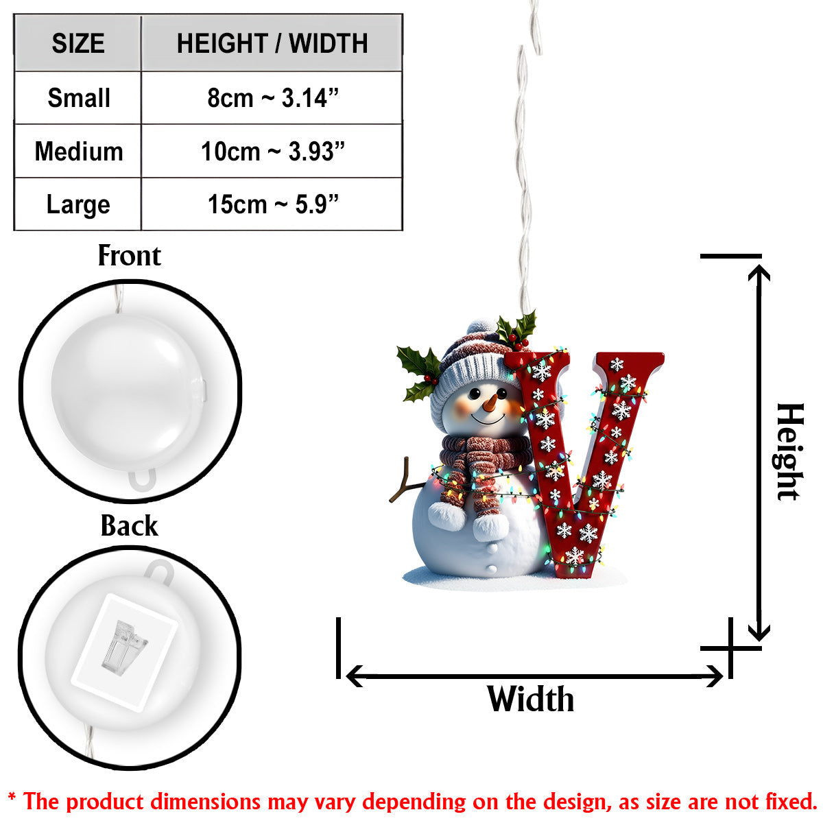 Alphabet initial bonhomme de neige mignon - Ornement lumineux LED personnalisé pour la famille