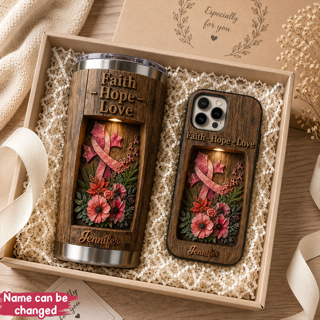 Faith Hope Love - Personalized Breast Cancer Awareness Tumbler With Phone Case