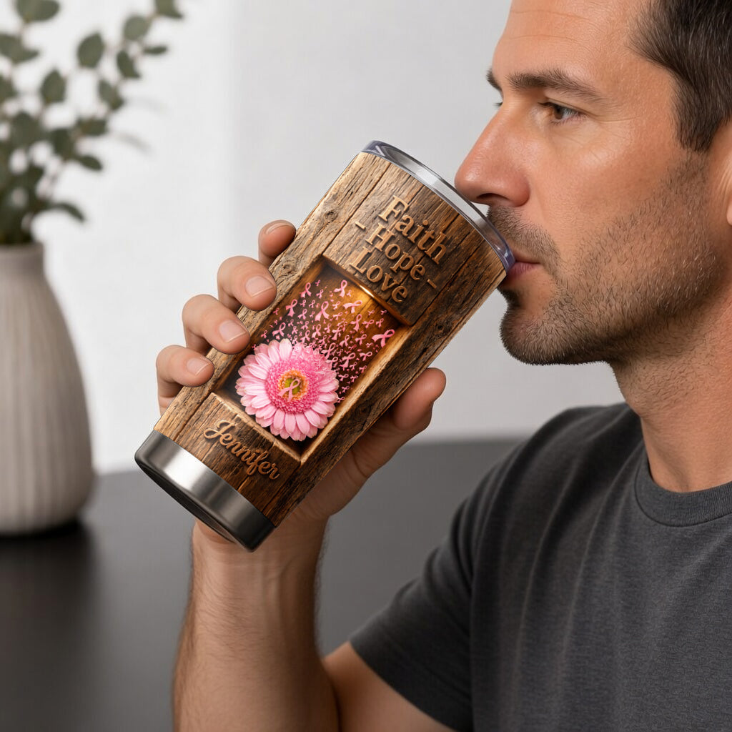 Faith Hope Love - Personalized Breast Cancer Awareness Tumbler With Phone Case