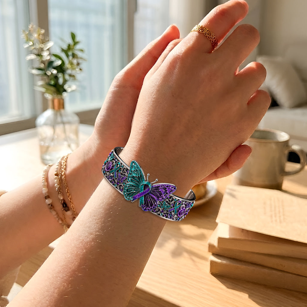 Teal & Purple Butterfly - Personalized Suicide Prevention Shaped Cuff Bracelet