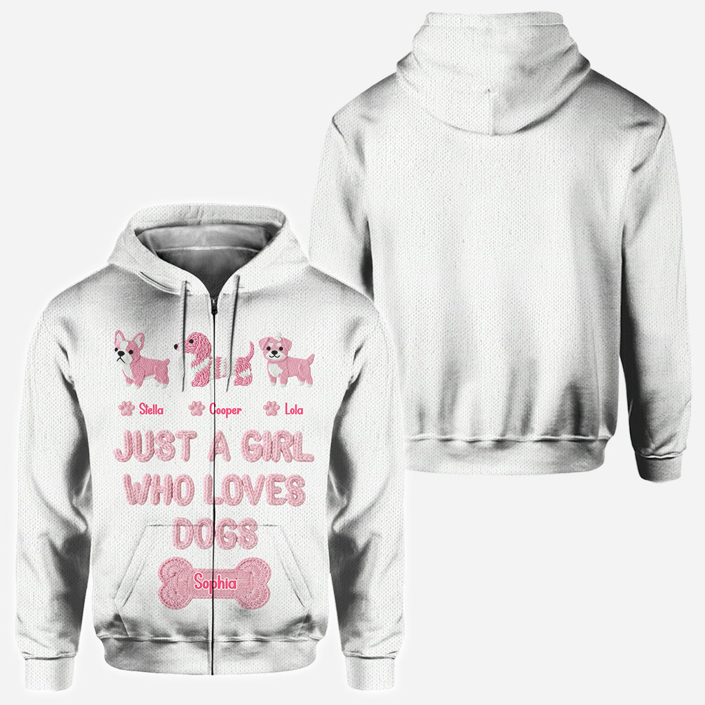 T-shirt personnalisé « Juste une fille qui aime les chiens » avec un motif de chien sur toute la surface