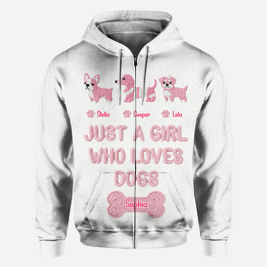 T-shirt personnalisé « Juste une fille qui aime les chiens » avec un motif de chien sur toute la surface