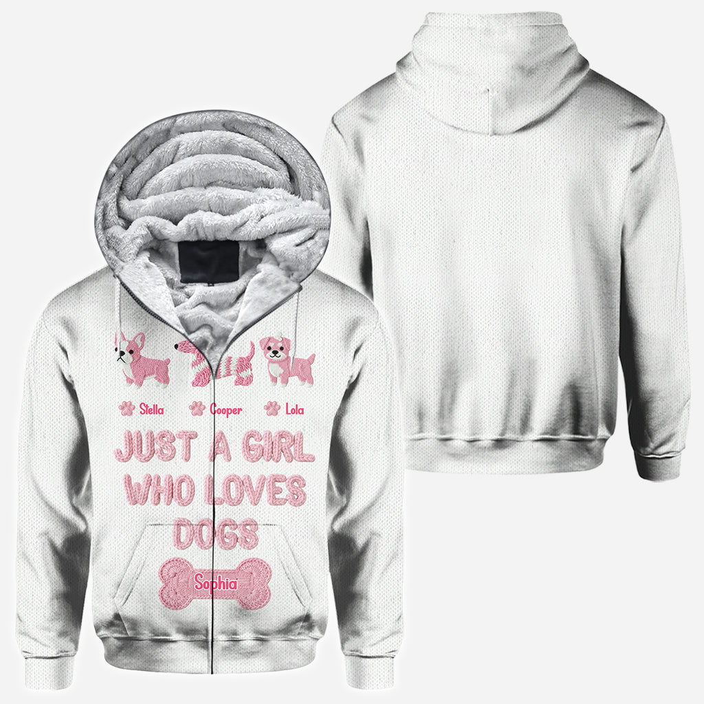 T-shirt personnalisé « Juste une fille qui aime les chiens » avec un motif de chien sur toute la surface