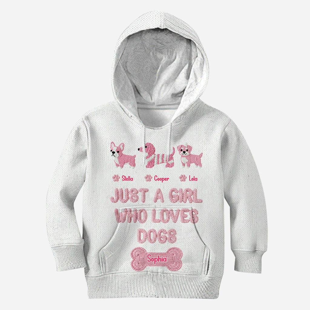 T-shirt personnalisé « Juste une fille qui aime les chiens » avec un motif de chien sur toute la surface