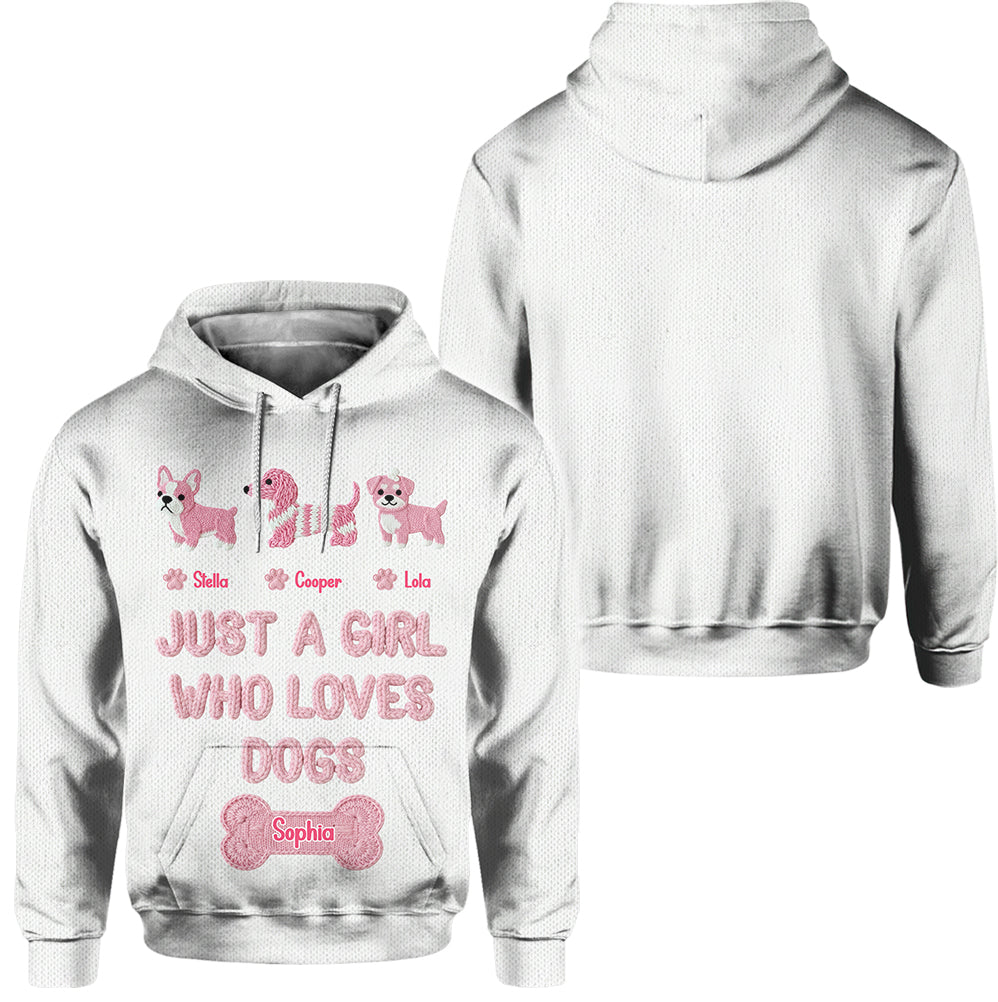 T-shirt personnalisé « Juste une fille qui aime les chiens » avec un motif de chien sur toute la surface
