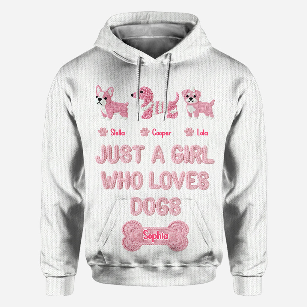 T-shirt personnalisé « Juste une fille qui aime les chiens » avec un motif de chien sur toute la surface