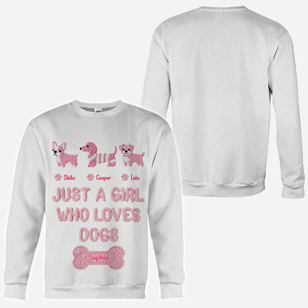 T-shirt personnalisé « Juste une fille qui aime les chiens » avec un motif de chien sur toute la surface